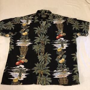Reserve Hawaiian Collection Shirt Men's Large Black Tiki, Palm Tree, 100% Rayon